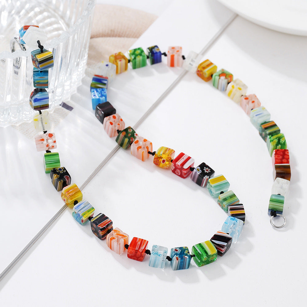 Unique Geometric Round Murano Glass Bead Stainless Steel Plated Alloy Pendant Multi-layer Cable Chain Necklace for Women