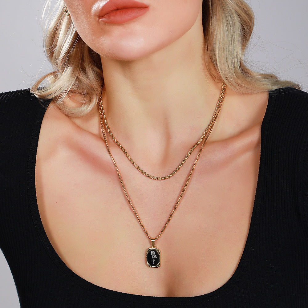 Vintage Two-Tone Gold and Silver Plated Stainless Steel Square Rose Pendant Necklace with Box Chain for Women