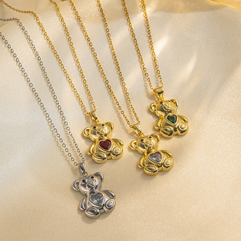 Collana pendente con orsetto carino minimalista da donna in acciaio al titanio con intarsio di strass su catena a O