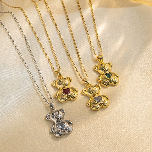 Collar con colgante minimalista de oso lindo para mujer de acero titanio con incrustaciones de diamantes de imitación en cadena tipo O