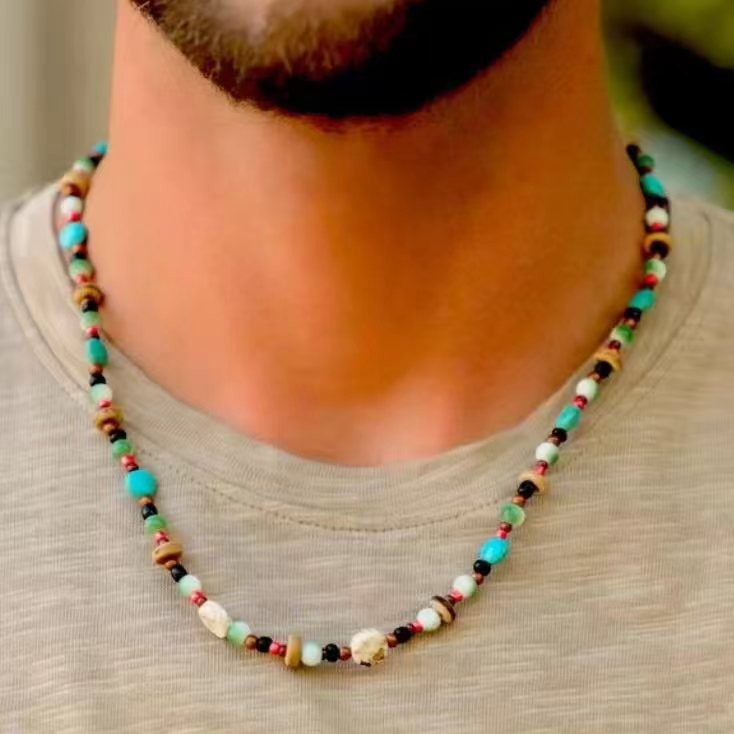 Bohemian Geometric Round Wood Turquoise Necklace Cable Chain Unisex