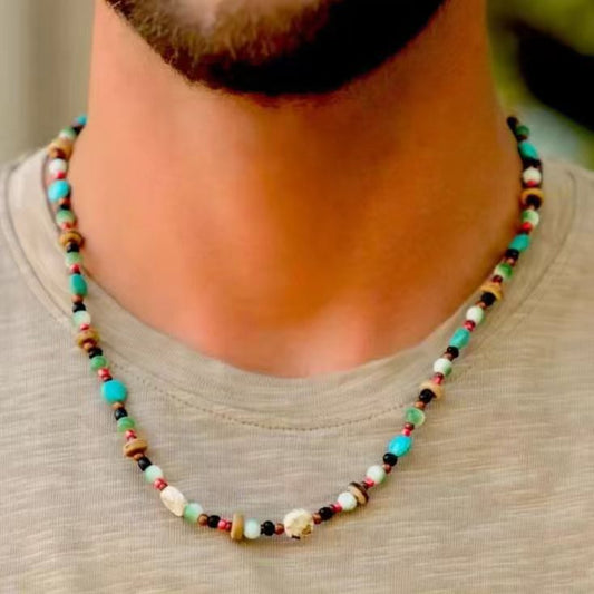 Bohemian Geometric Round Wood Turquoise Necklace Cable Chain Unisex