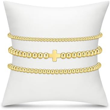 Gold Plated Hematite Cross Beaded Stretch Bracelet Set