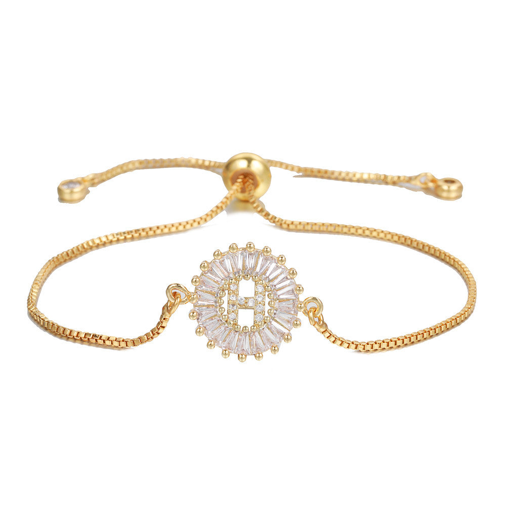 Minimalist Gold Plated Brass Letter Bracelet with Cubic Zirconia Adjustable A-Z