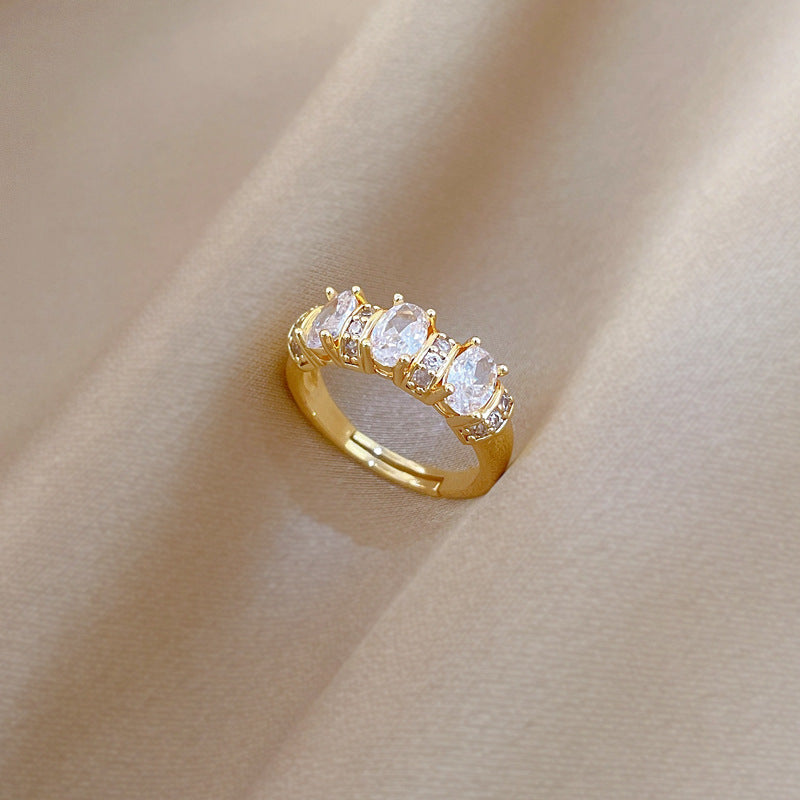Sweet Minimalist Gold Plated Brass Rhinestone Crown Ring Adjustable Open Band for Women and Couples