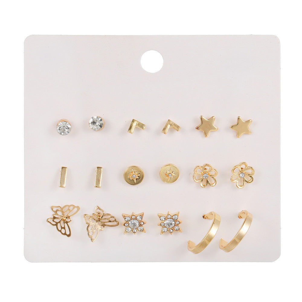 Minimalist Elegant Geometric Star Moon Heart Butterfly Rhinestone Inlay Alloy Handmade Earrings for Women