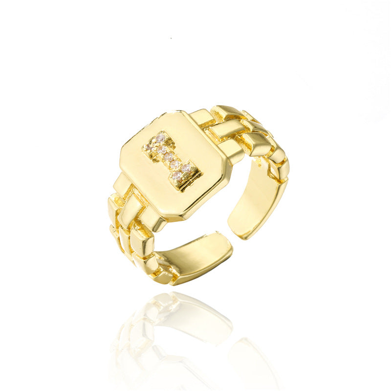 Minimalist Adjustable Open Ring with 18K Gold Plated Copper Band and AAA Zircon Letters Design