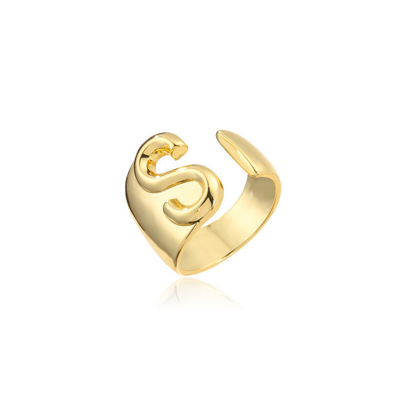 Copper Plated 18K Gold Letter Ring for Women, Adjustable Open Ring, Minimalist Fashion Casual Style, English Letter Design, Trendy Jewelry