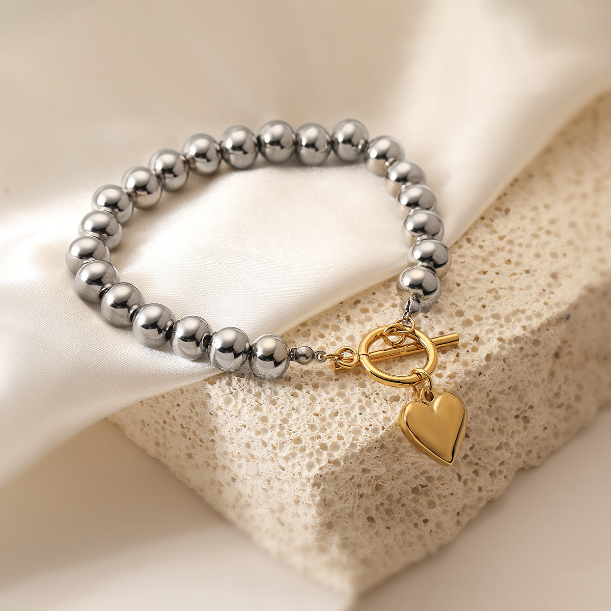 Fashion 18K Gold Plated Stainless Steel Geometric Heart Pendant Bracelet for Women