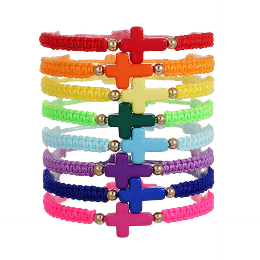 Bohemian Colorful Woven Rope Cross Bracelet Adjustable Acrylic Geometric Handmade Jewelry for Unisex