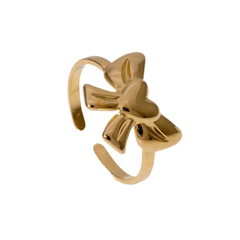 Sweet 18K Gold Plated Stainless Steel Open Ring with Heart and Bow Knot Design for Women