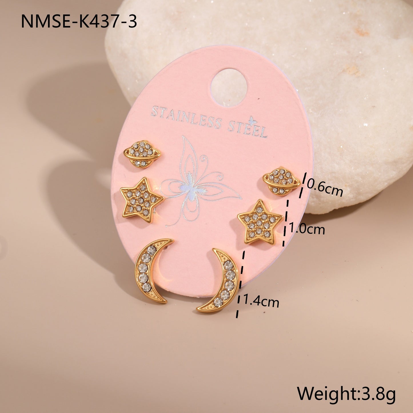 Orecchini a perno geometrici in acciaio inossidabile da donna, set da tre con intarsi di strass