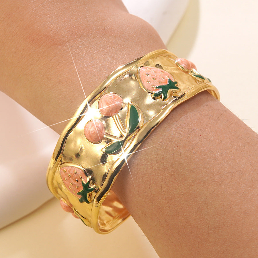 Drip Oil Stainless Steel Cherry Strawberry Open Cuff Bracelet