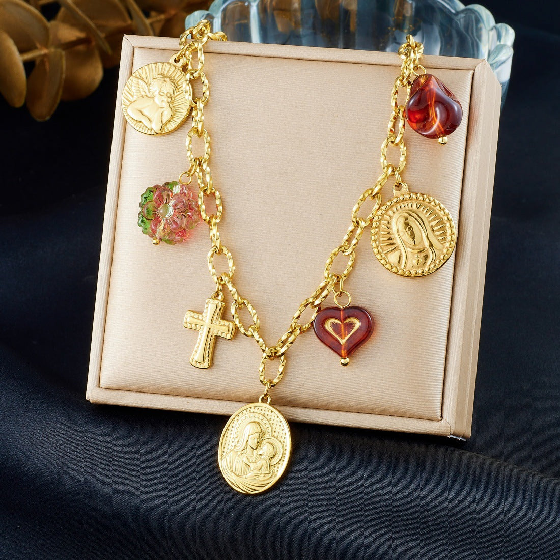 Vintage Luxury Gold Plated Stainless Steel Cross Heart Round Relief Portrait Roman Numeral Pendant Necklace Bracelet Set with Cable Chain for Women