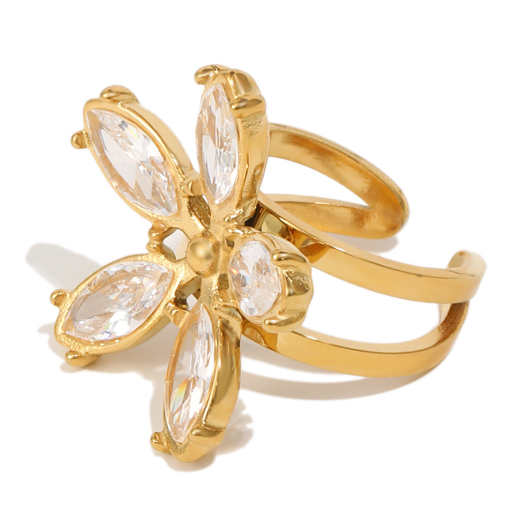 Minimalist Elegant 18K Gold Plated Stainless Steel Floral Cubic Zirconia Open Ring for Women
