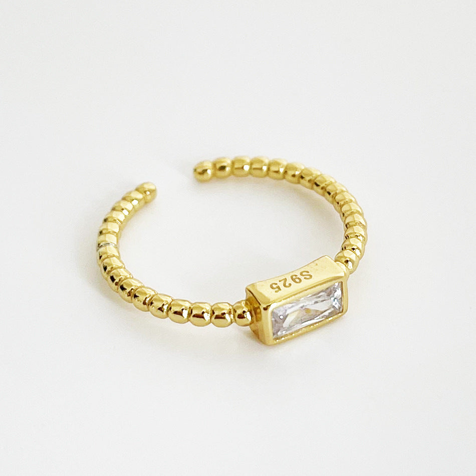Anello Aperto Geometrico Minimalista Placcato Diamanti in Argento Sterling 925 Rettangolare