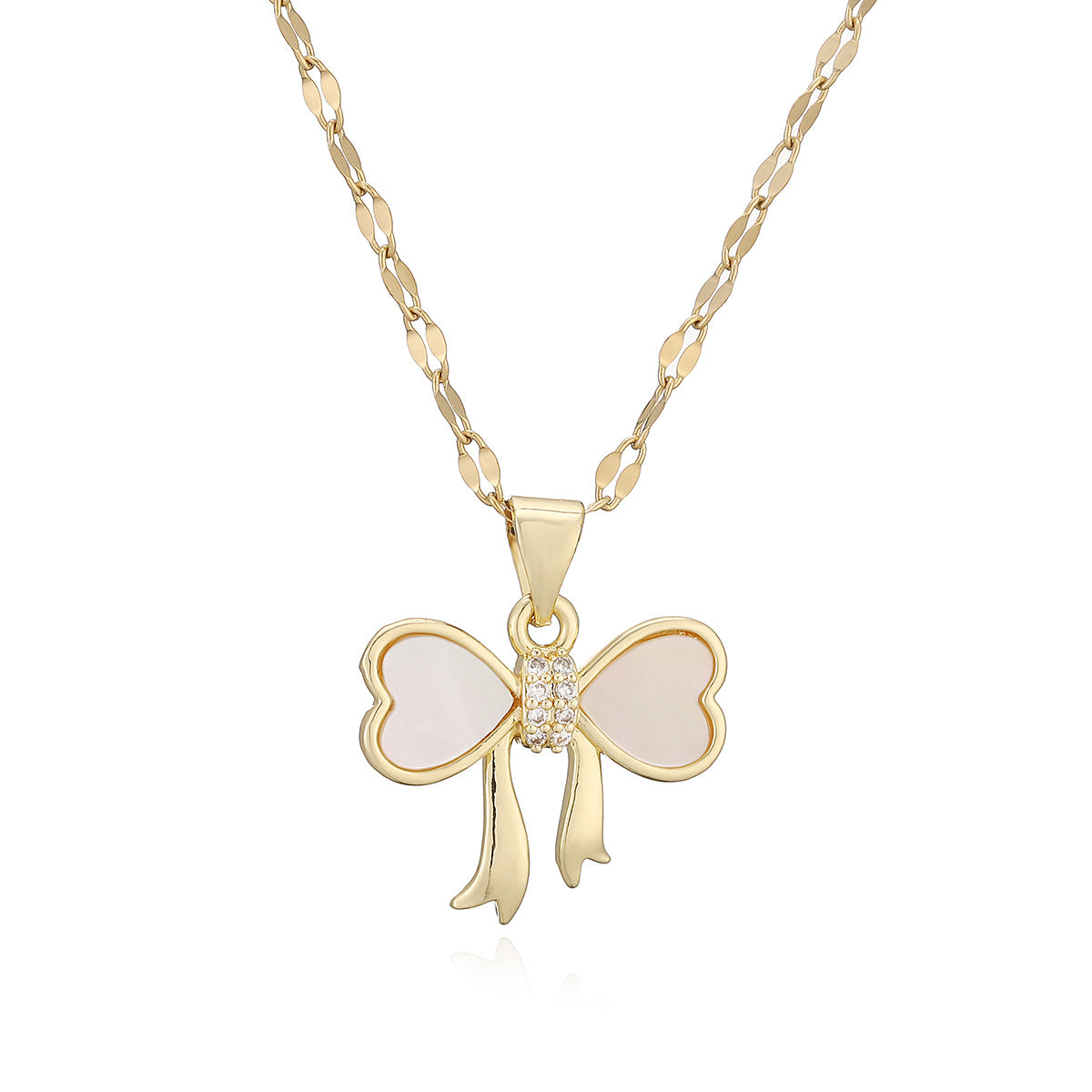 Minimalist Gold Plated Brass Bow Pendant Necklace with Cubic Zirconia for Women