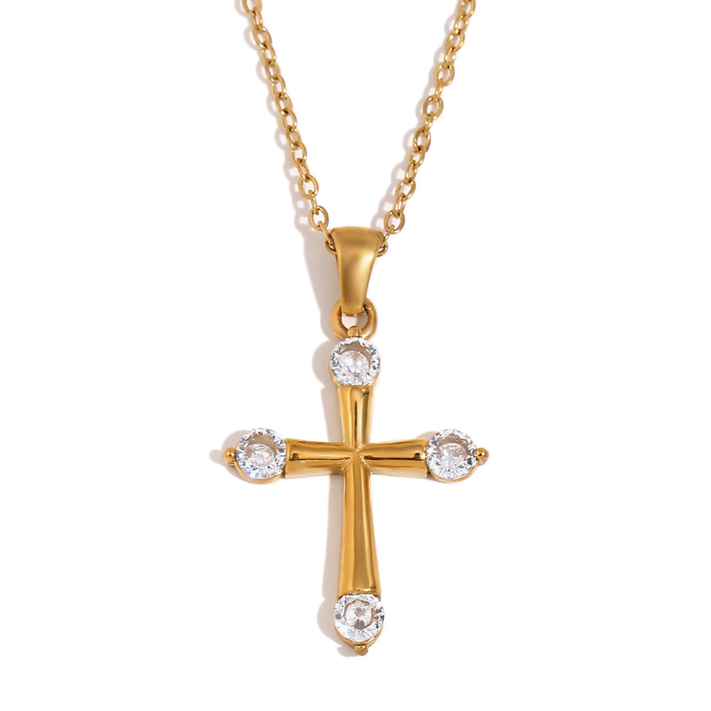 Collar con Colgante de Cruz Minimalista de Acero Inoxidable con Baño de Oro de 18K y Circonitas Blancas Microincrustadas para Mujer
