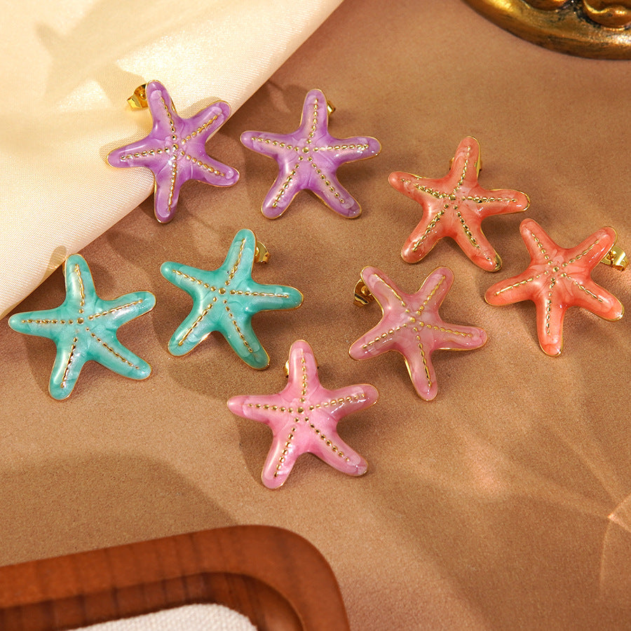 Luxury Colorful Drip Oil Starfish Stainless Steel Earrings for Women