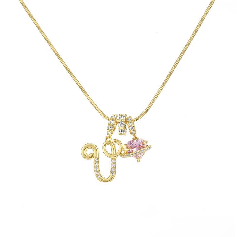 Sweet 22K Gold Plated Letter Titanium Steel Pendant Brass Cable Chain Necklace Unisex