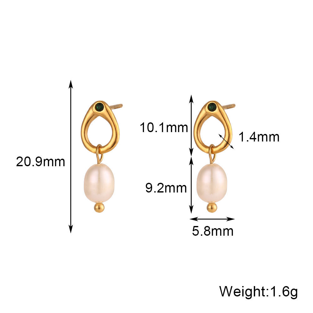 Minimalist Geometric Stainless Steel Hoop Earrings with Freshwater Pearl and Green Rhinestone Accents for Women
