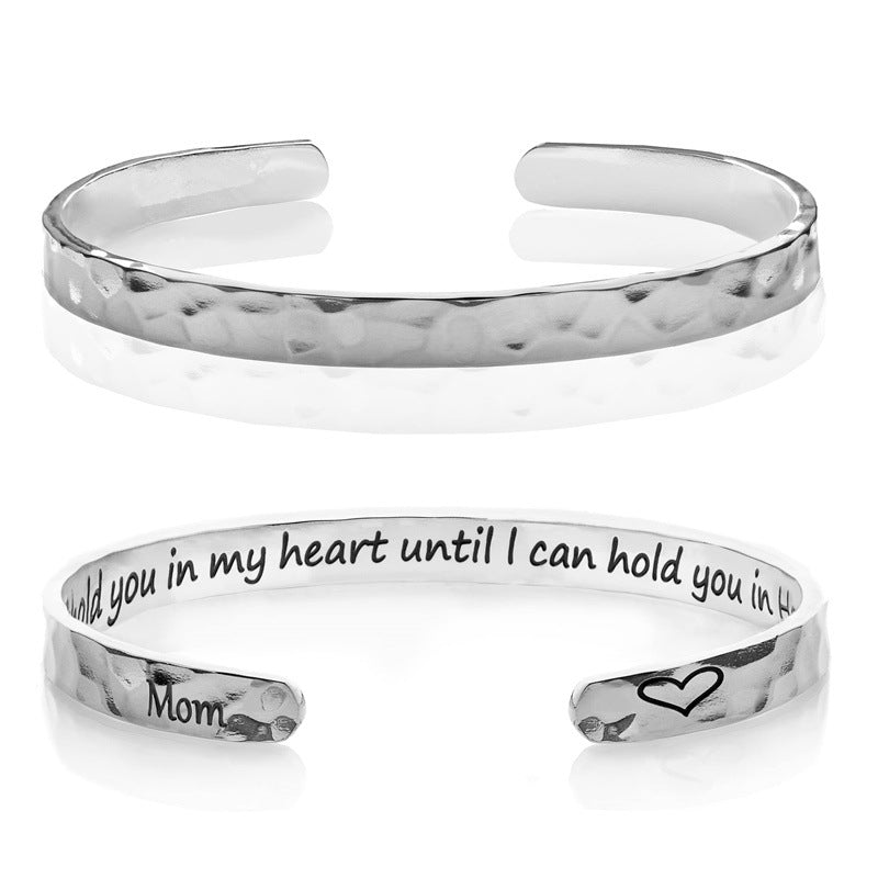 Minimalist Stainless Steel Engraved Open Moon Surface Textured Hammered Bracelet