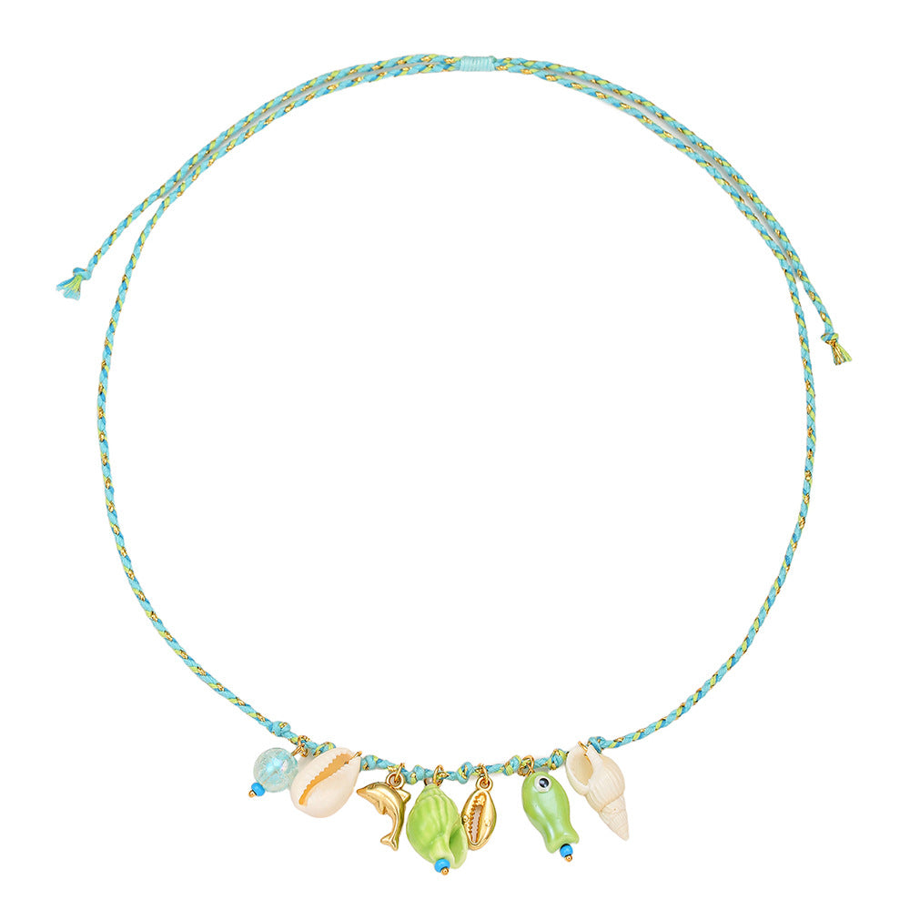 Bohemian Ceramic Shell Dolphin Fish Pendant Necklace with Colorful Cable Chain