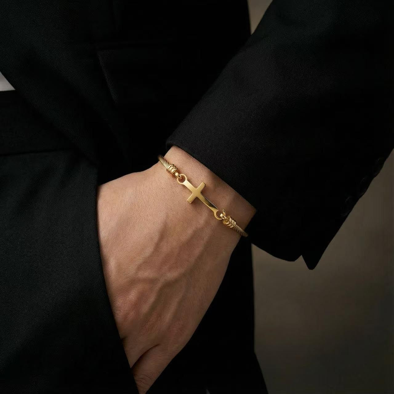 Vintage Minimalist Cross Stainless Steel Plated Cable Chain Bracelet Adjustable Open Cuff