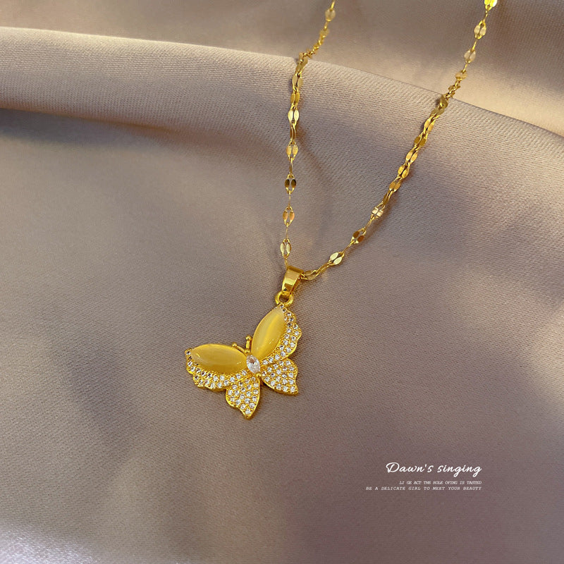 Collana a farfalla in acciaio al titanio da donna con intarsi in strass e catena a O, elegante catena per clavicola