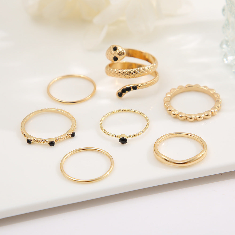 Vintage Punk Geometric Snake Ring Set with Black Rhinestones Alloy Plated 7-Piece Knuckle Rings