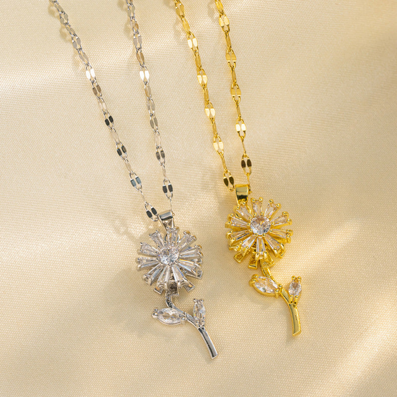 Collana pendente girasole minimalista da donna con catena in acciaio al titanio e intarsio in strass, design geometrico, accessorio di moda leggero