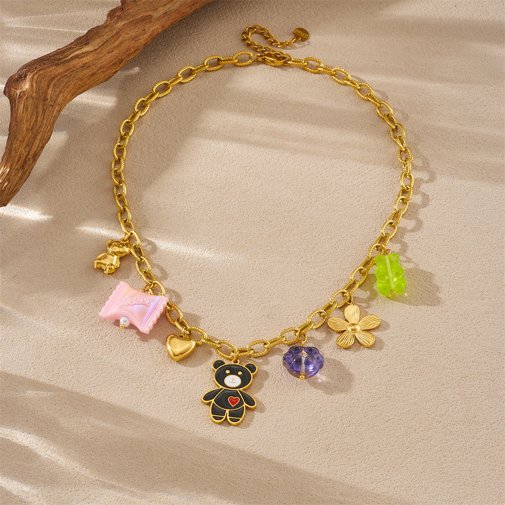 Casual Cartoon Floral Heart Animal Drip Oil Gold Plated Stainless Steel Pendant Necklace with Cable Chain