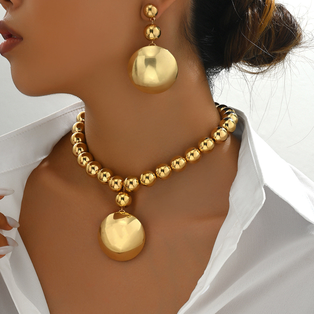 Conjunto de collar y pendientes de moda geométrica para mujer de aleación con cadena de cuentas y acabado chapado