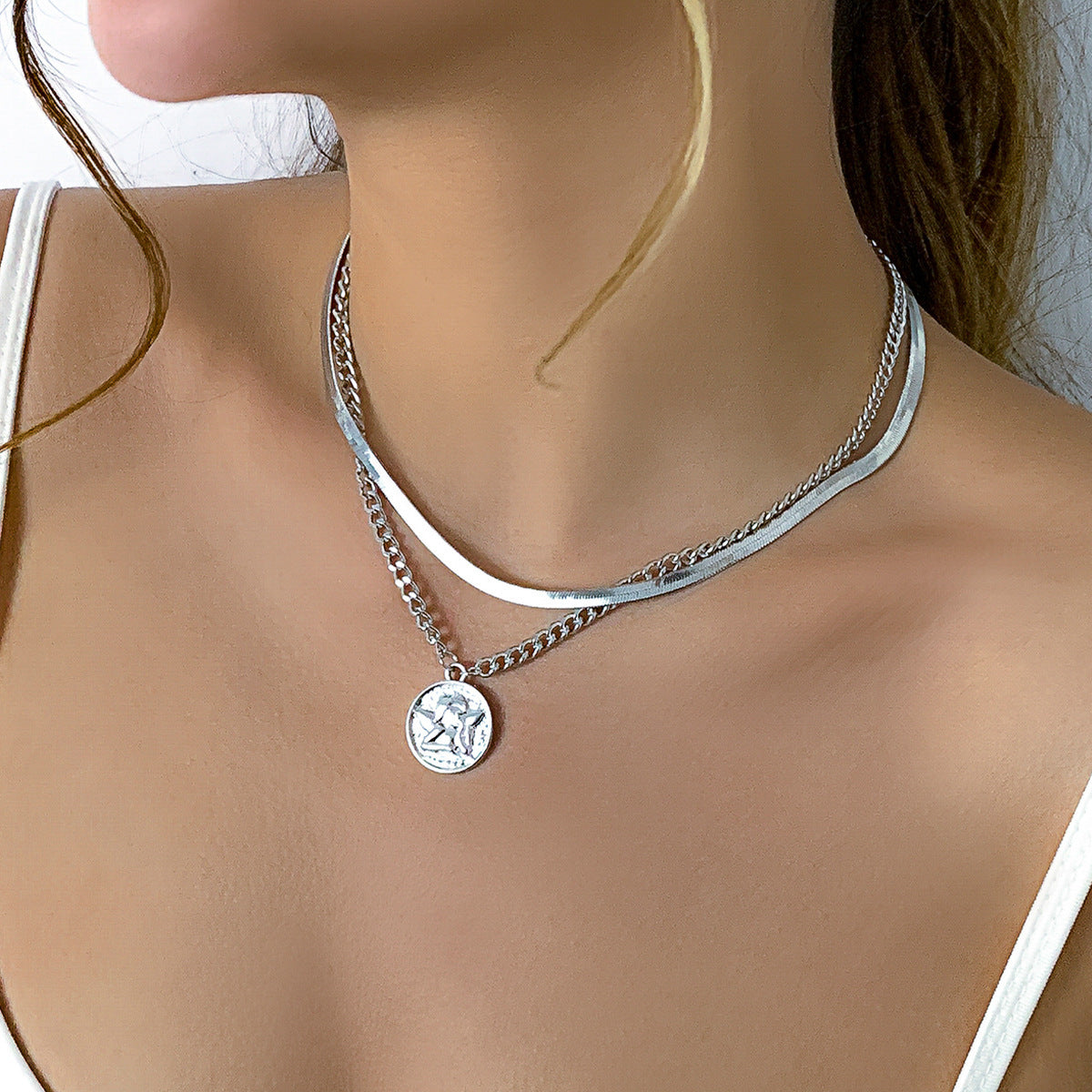 Punk Hip-hop Geometric Oval Plated Alloy Double Layer Snake Chain Necklace for Women