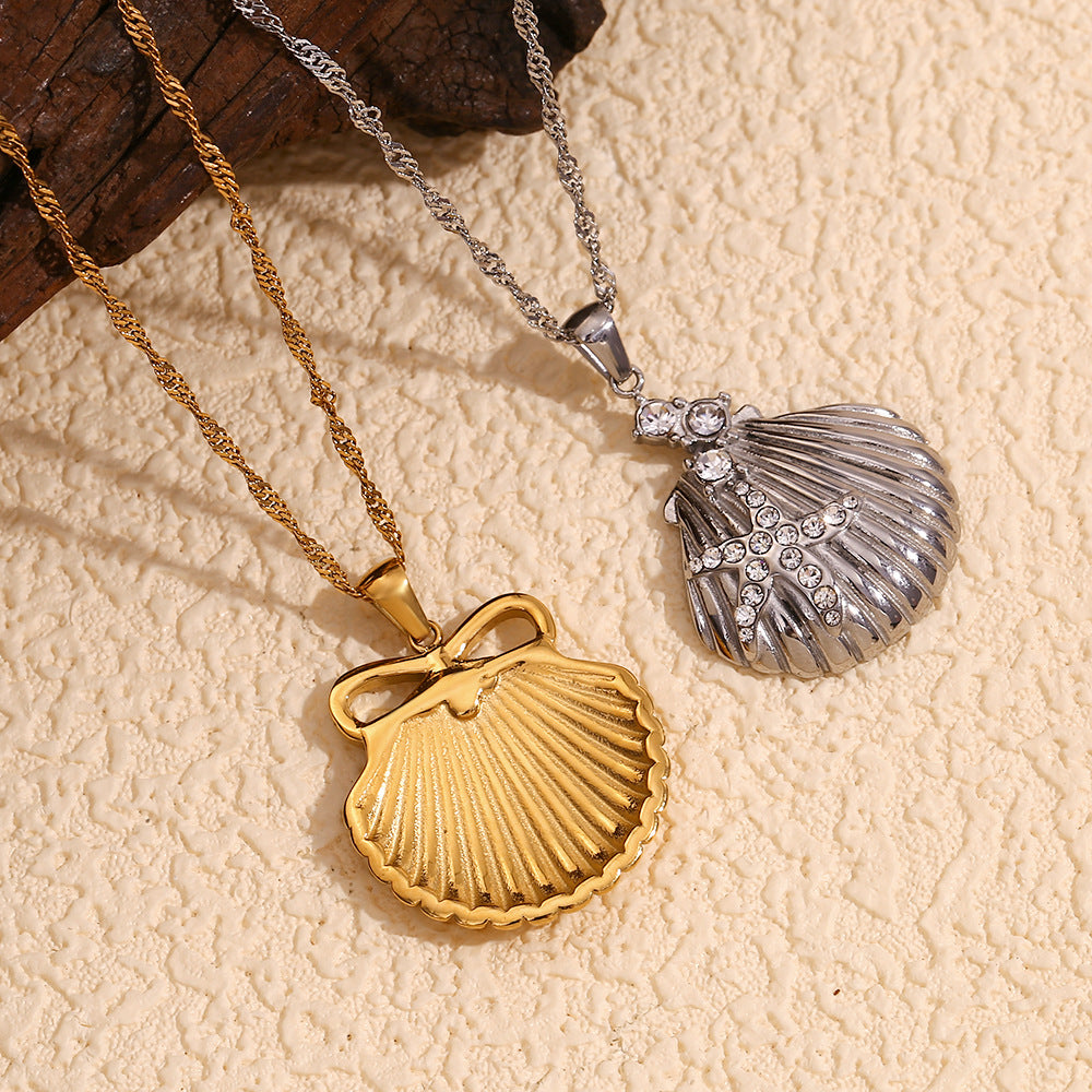 Fashionable Bow Knot Pendant Necklace for Women Stainless Steel Base with 18K Gold Plating Featuring Scallop Shell and Starfish Inlay Design