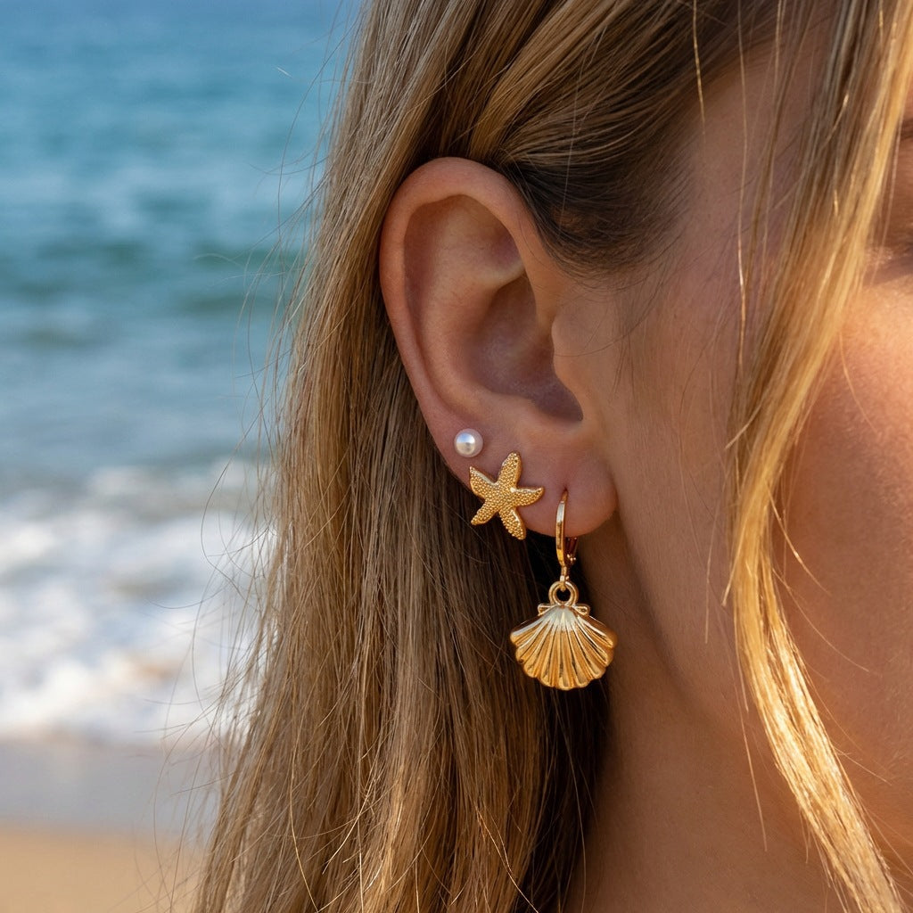 Elegant Alloy Starfish and Pearl Stud Earrings with Shell Elements