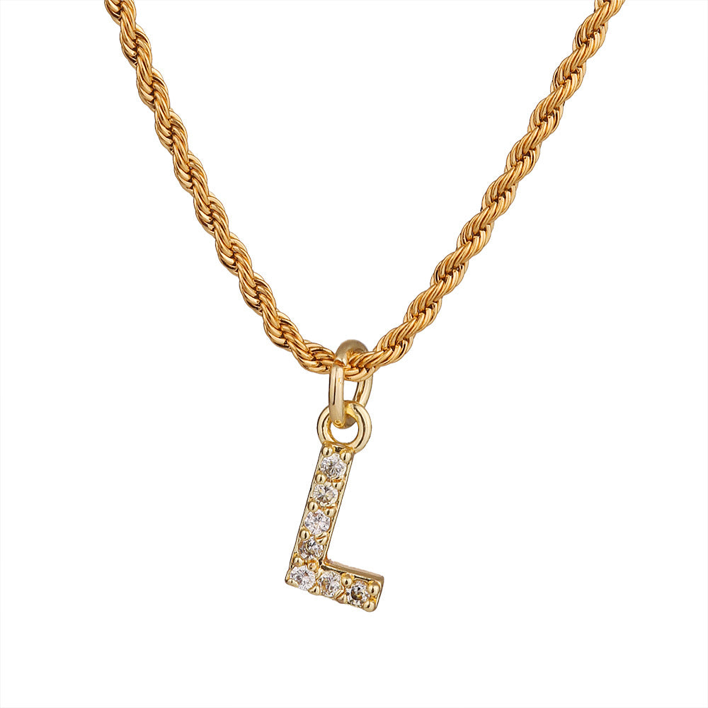 Collar con colgante de letra para mujer, minimalista, de moda, cadena trenzada de acero inoxidable con baño de oro e incrustaciones de circonita