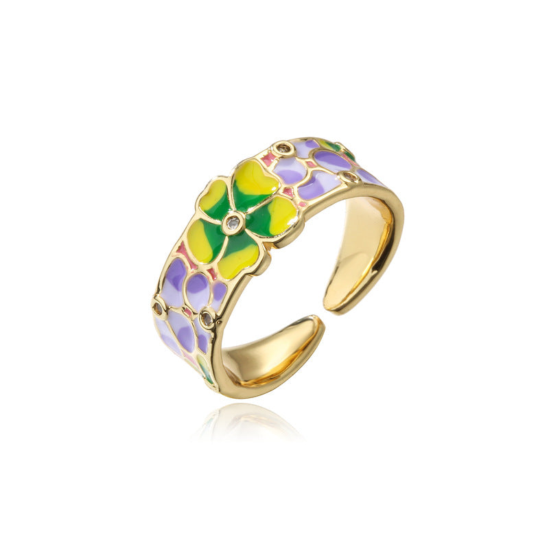Sweet Geometric Floral Drip Oil Gold Plated Brass Ring for Women