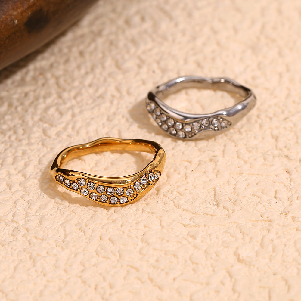 Minimalist Geometric Stainless Steel Ring with Micro-Pavé White Zirconia and 18K Gold Plating for Women