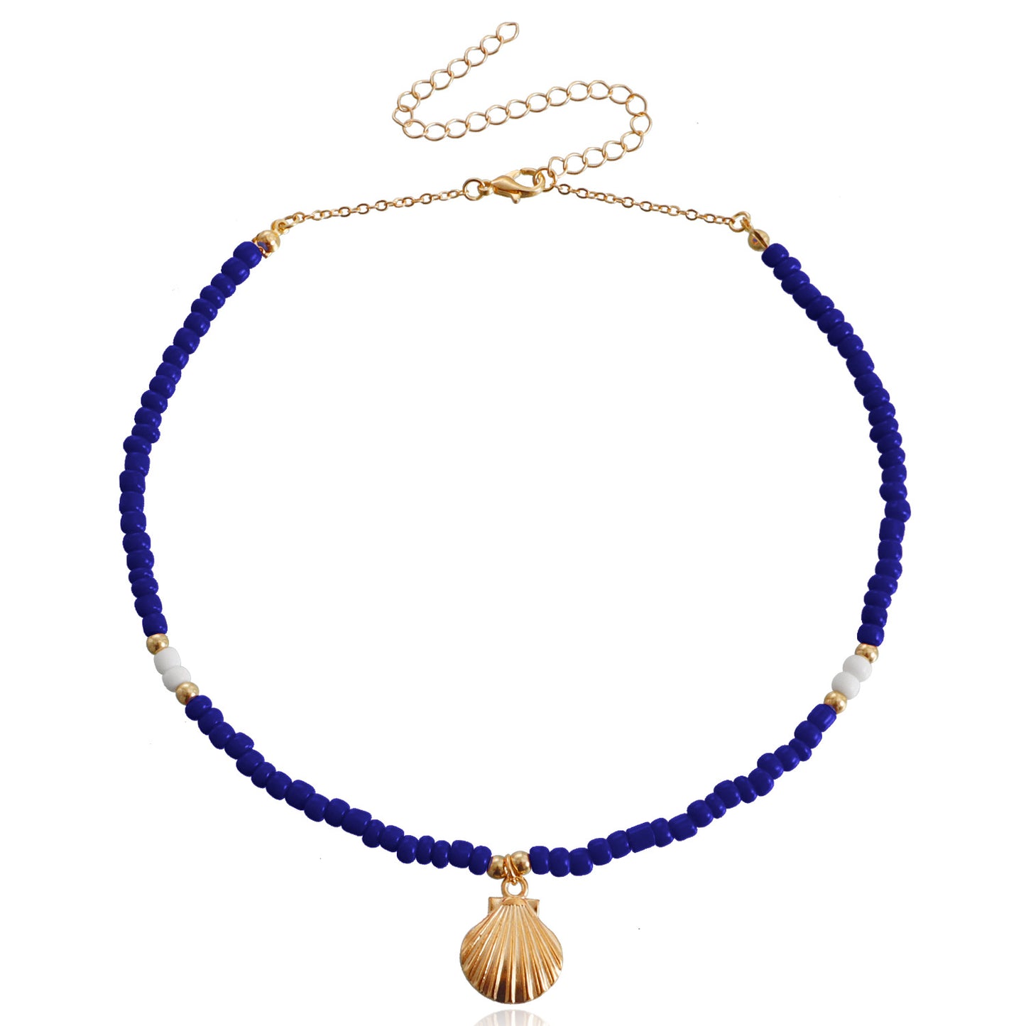 Bohemian Style Large Beaded Necklace with Shell Pendant for Women, Alloy Chain with Plated Finish, Geometric Design Collar Necklace