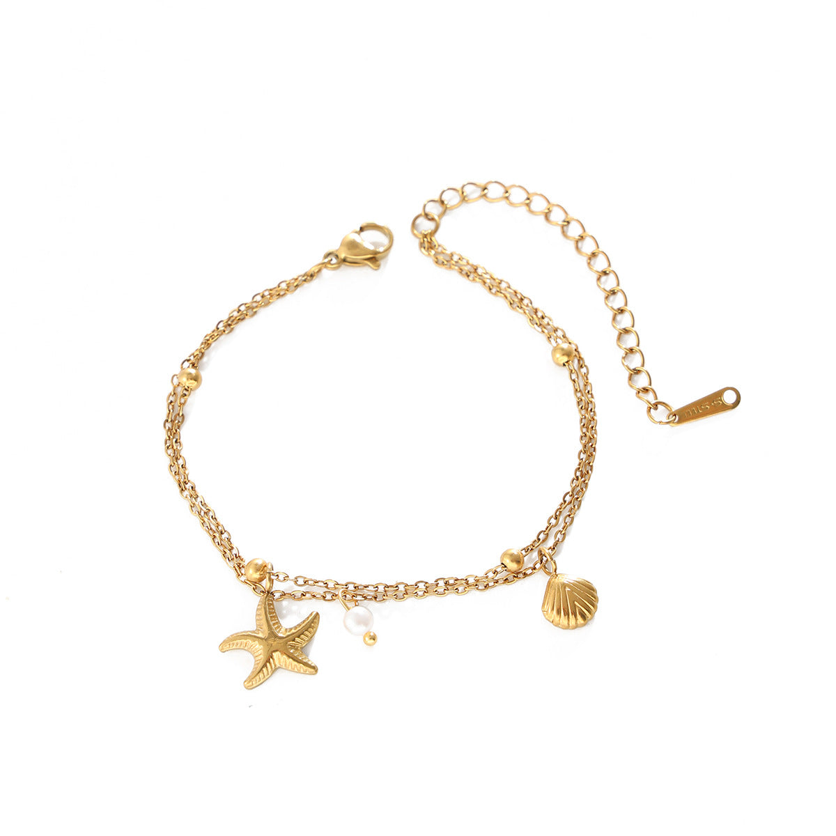 18K Gold Plated Stainless Steel Starfish Shell Pearl Anklet for Women Beach Vacation