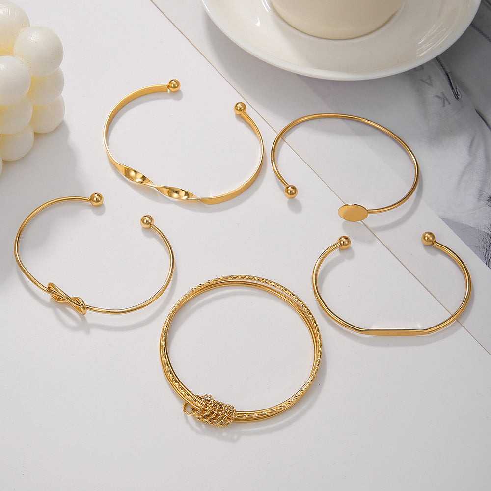 Bohemian Vintage Geometric Round Plated Alloy Open Knot Disc Cuff Bracelet Set for Women