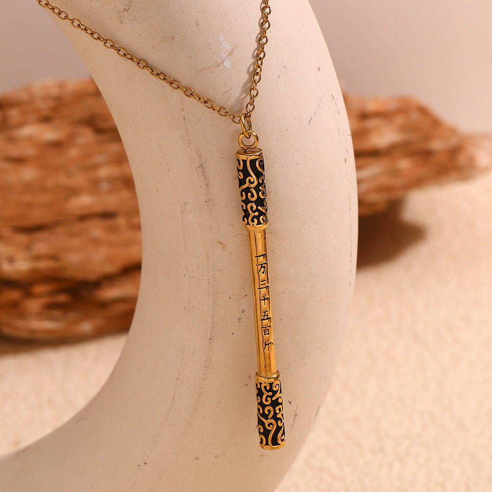 Minimalist Cartoon Character Black Wukong Golden Hoop Staff Pendant Necklace in Stainless Steel with 18K Gold Plating