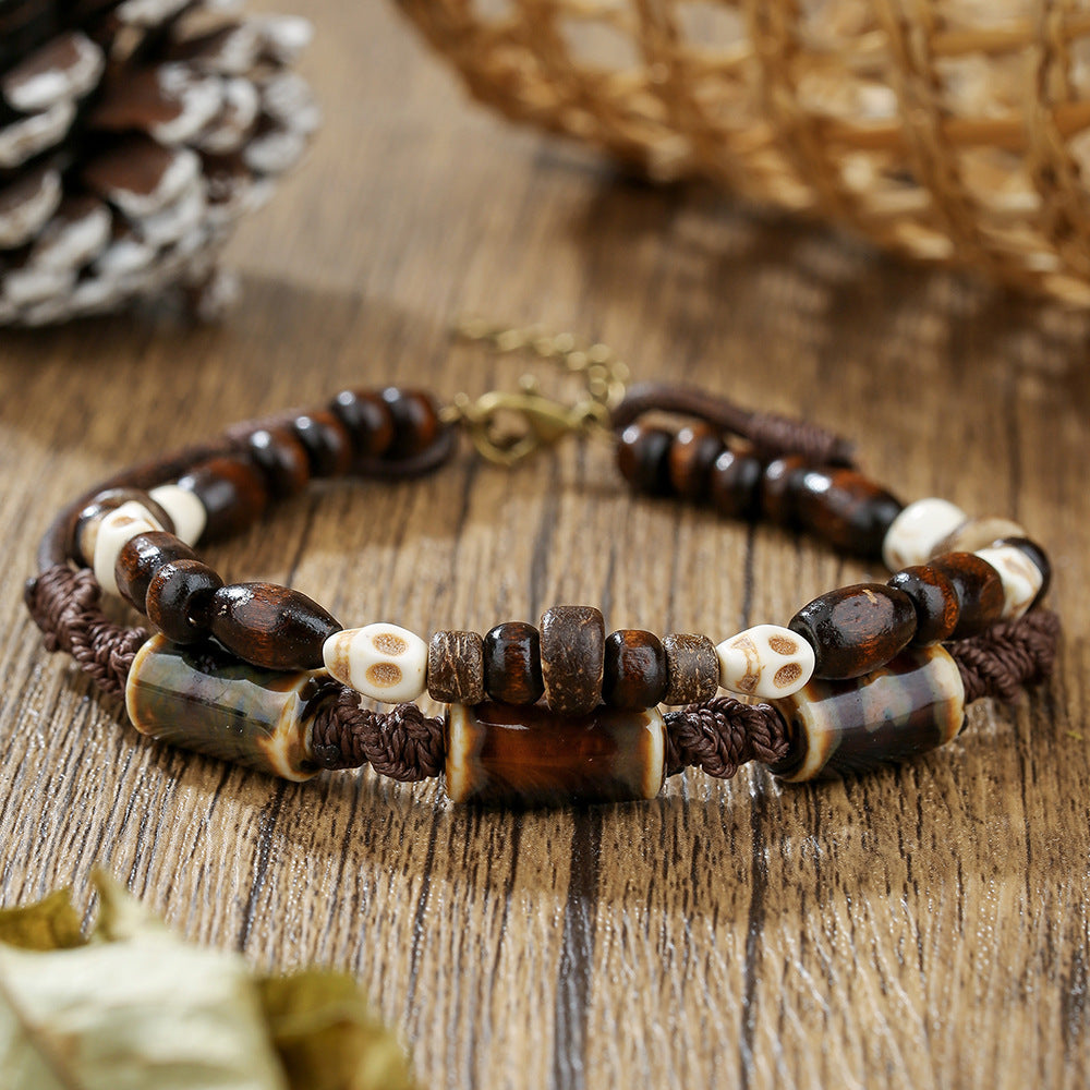 Men's Casual Double Layer Leather Bracelet with Geometric Skull Wood Beads and Turquoise