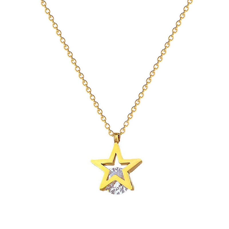 Collana Minimalista con Pendente a Stella a Cinque Punte in Acciaio al Titanio con Intarsio di Zirconi per Donna, Catena alla Clavicola di Moda