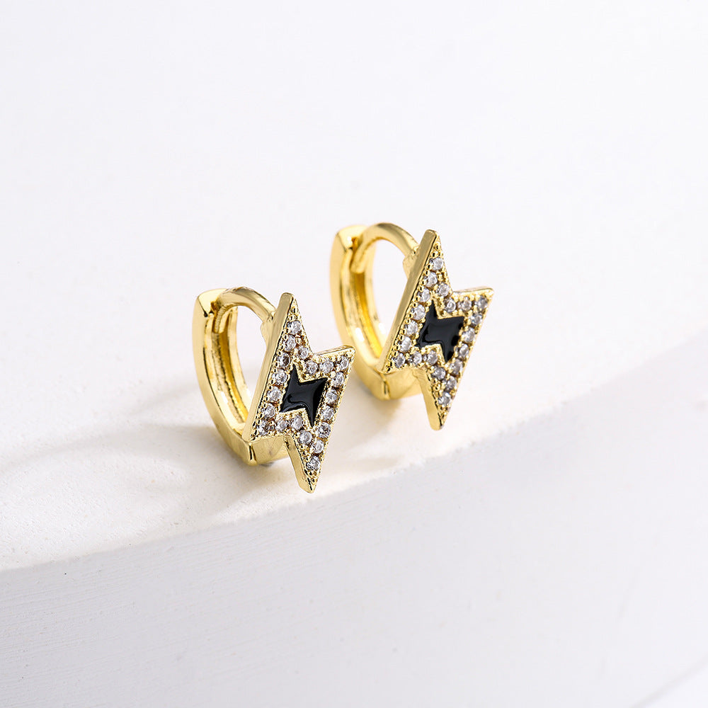 Orecchini minimalisti geometrici in rame con placcatura in oro 18 carati e design a fulmine in zircone smaltato da donna