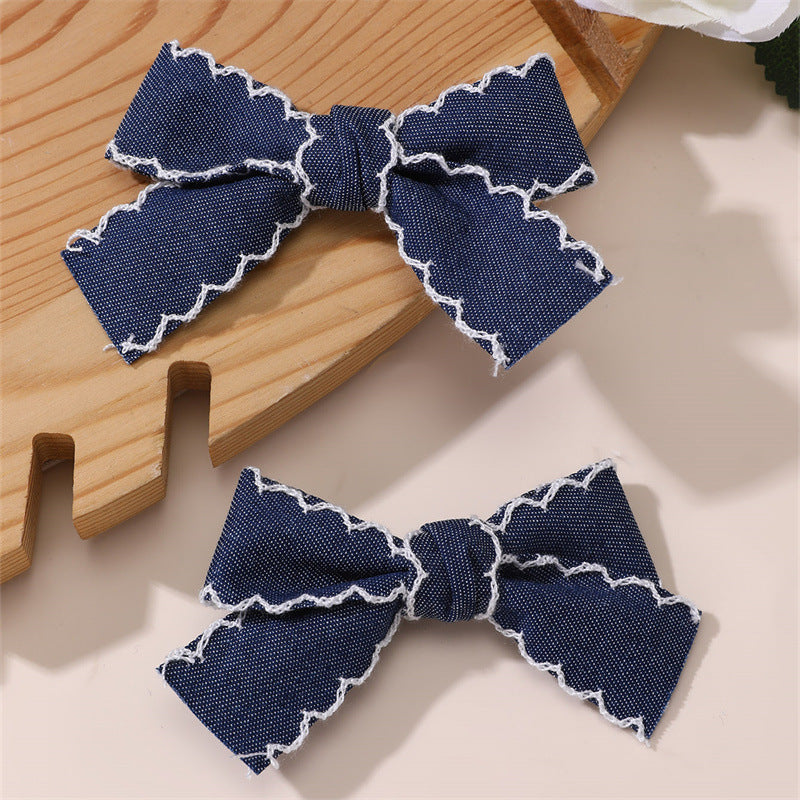 Retro Star Denim Bow Duckbill Hair Clip for Girls with Ruffled and Mesh Details