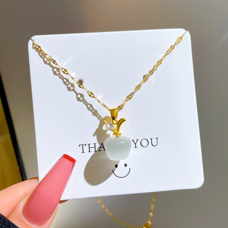 Collana Pendente a Occhio di Gatto Minimalista di Lusso in Acciaio al Titanio con Micro-Incastonatura a Pavé a Forma di Mela per Donna, Catena Clavicolare con Design Geometrico
