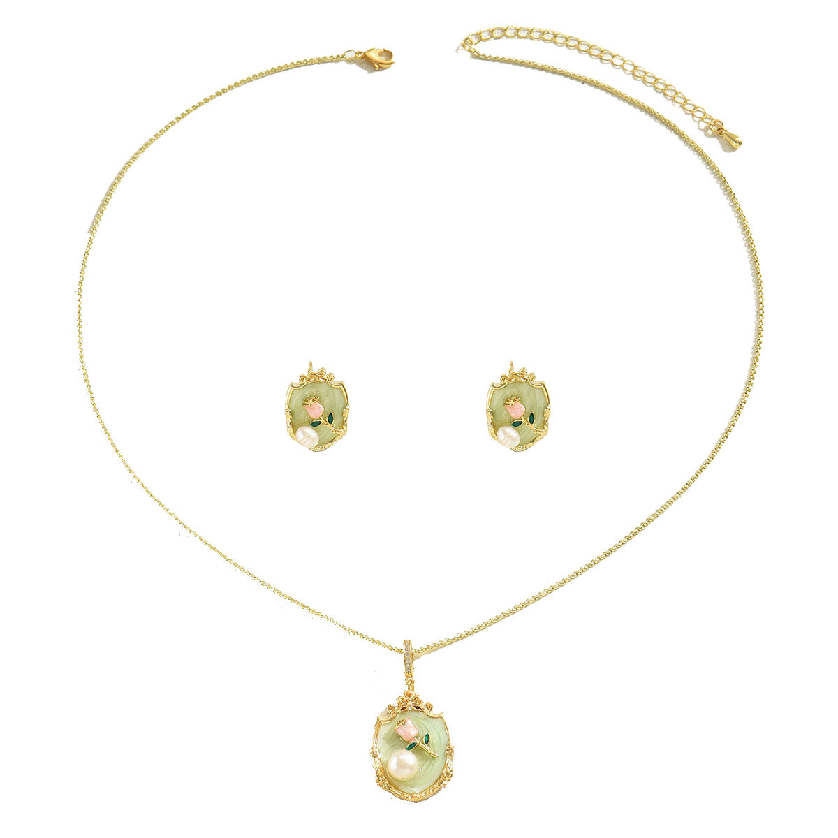 Collar y pendientes de cobre con incrustaciones de perlas y diseño floral minimalista para mujer con estilo fresco y dulce