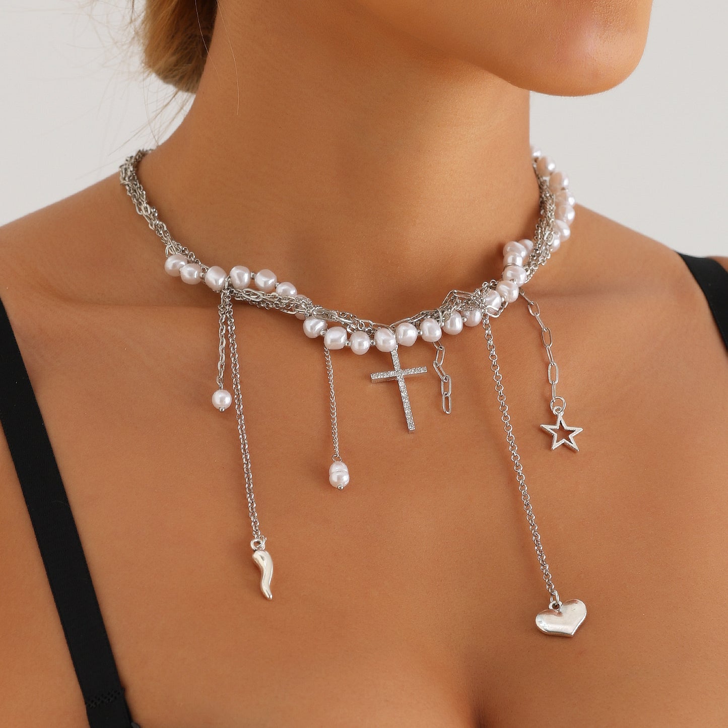 Minimalist Geometric Star Cross Pendant Necklace with Plated Alloy and Tassel Detail for Women